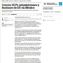 Crecen 35.7% adquisiciones y fusiones de EU en Mxico